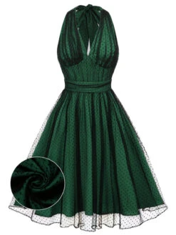 Green 1950s Halter Polka Dots Mesh Dress