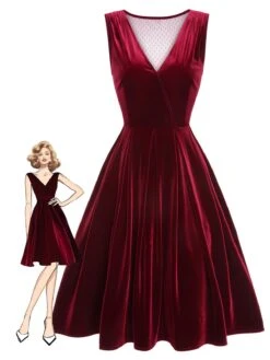 Red 1950s Velvet Polka Dot Lined Bow Dress