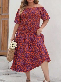 [Plus Size] Red 1940s Off-Shoulder Printed Dress -BUNBUN Fancy Clothing Shop 03 compressed 6675eb33 c154 4cd3 85d0 08265394a551