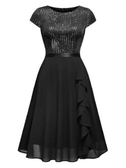1940s Sequin Chiffon Ruffle Trim Swing Dress