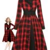 Black&Red 1950s Gingham Plaid Button Lapel Dress
