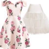 2PCS Floral 1950s Dress & White Petticoat -BUNBUN Fancy Clothing Shop 113