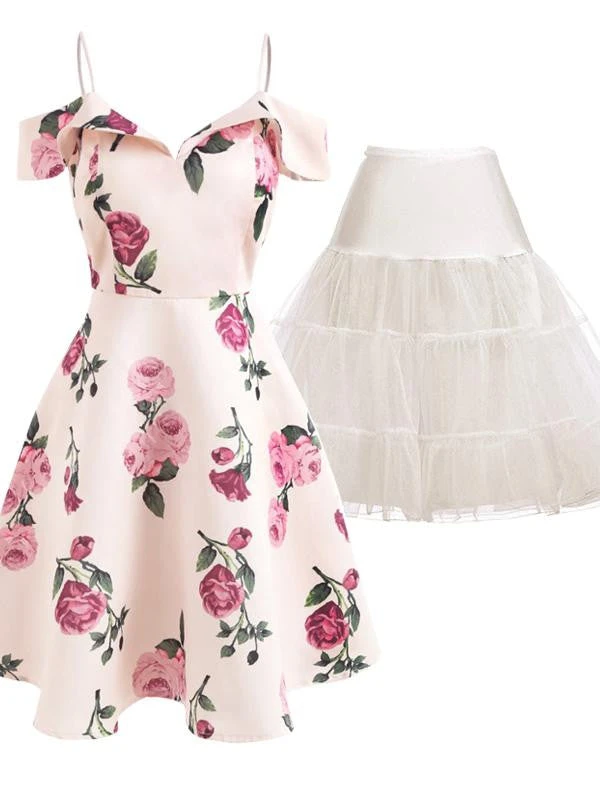 2PCS Floral 1950s Dress & White Petticoat 3 2PCS Floral 1950s Dress & White Petticoat