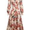 1940s Rose V-Neck Long Sleeves Dress 1 1940s Rose V-Neck Long Sleeves Dress -BUNBUN Fancy Clothing Shop 16540692571100