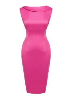 Rose Red 1960s Satin Solid Pencil Dress -BUNBUN Fancy Clothing Shop 1 1402151c 77fe 4364 9a77 f21c08cd70ff