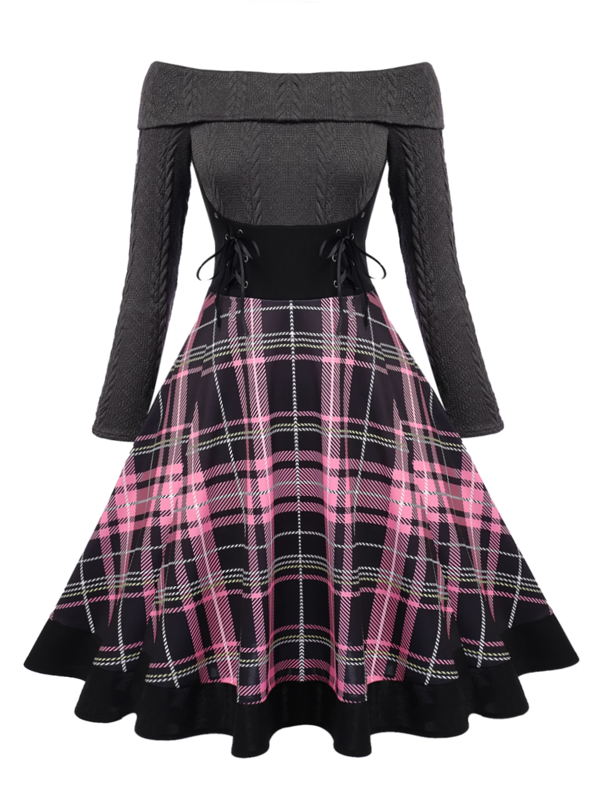 Plaids 1950s Off Shoulder Knitted Dress 3 Plaids 1950s Off Shoulder Knitted Dress