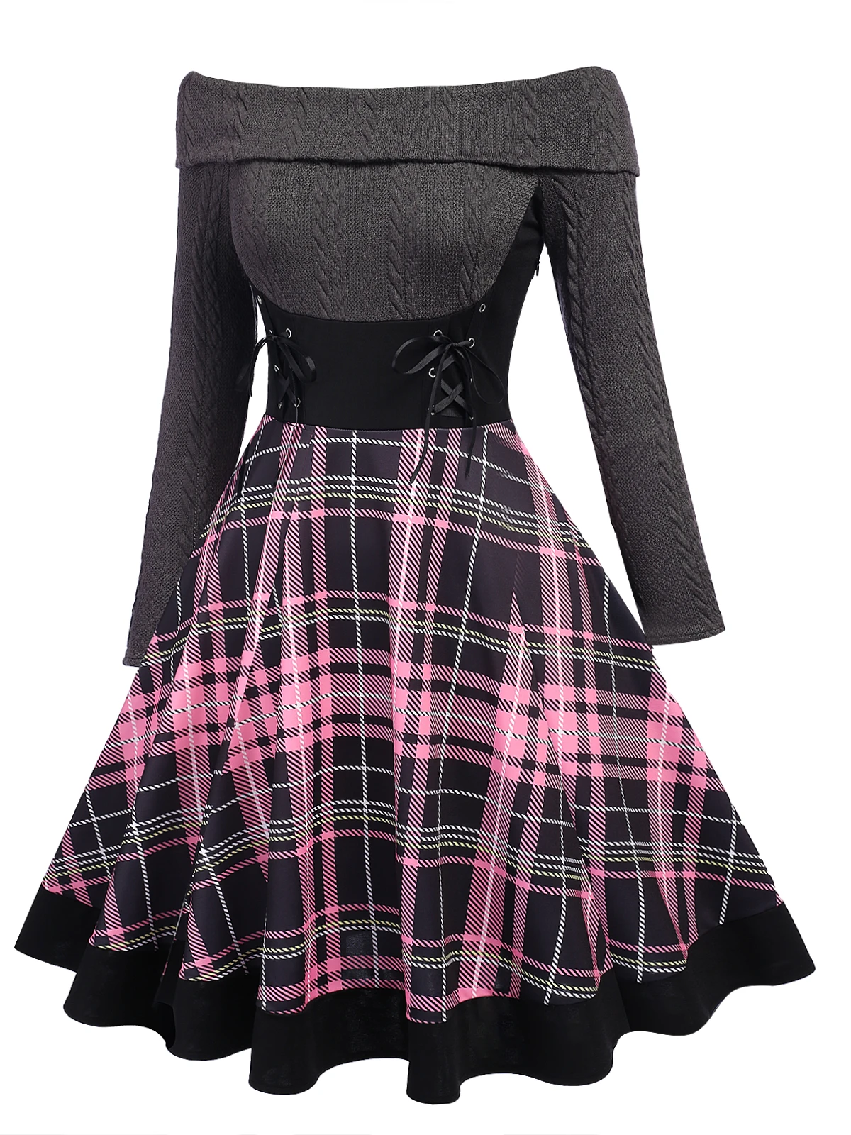 Plaids 1950s Off Shoulder Knitted Dress 4 Plaids 1950s Off Shoulder Knitted Dress - Image 2