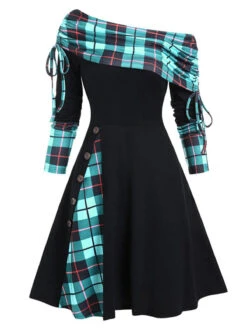 1950s Plaid Patchwork Lace-Up Off-Shoulder Dress -BUNBUN Fancy Clothing Shop 4 151332fb 3bd3 4eb1 8a15 22d984036c3d