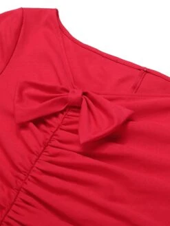 Red 1960s Shirring Bow Solid Wrap Dress -BUNBUN Fancy Clothing Shop 4 c6031500 cff5 4c82 8289 aad651a52067