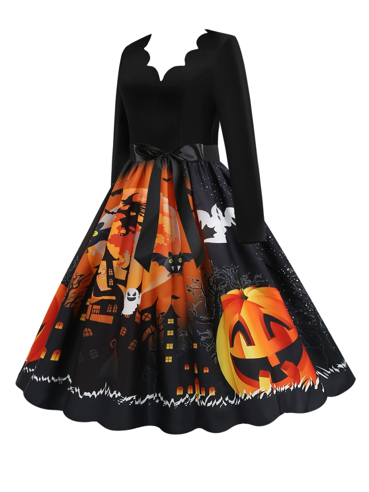 1950s Halloween Pumpkin V-Neck Hepburn Dress 4 1950s Halloween Pumpkin V-Neck Hepburn Dress - Image 2