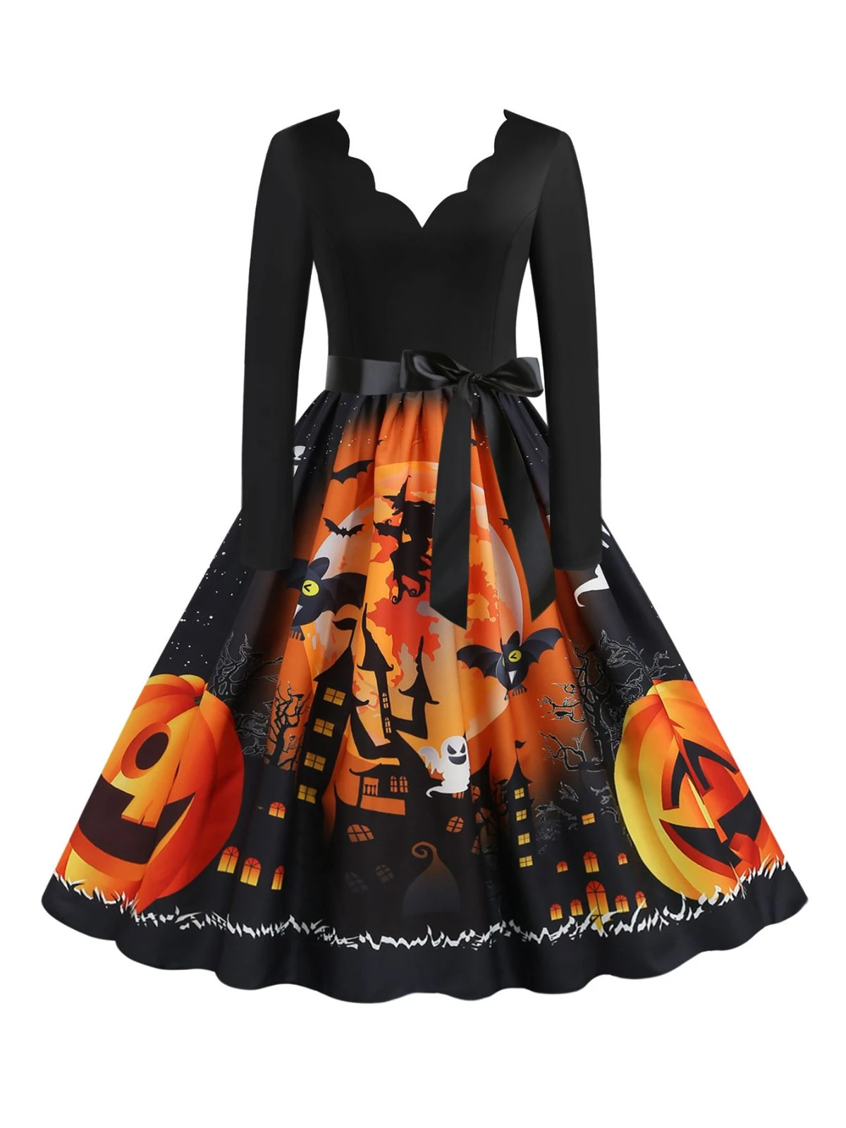 1950s Halloween Pumpkin V-Neck Hepburn Dress 3 1950s Halloween Pumpkin V-Neck Hepburn Dress