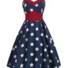 Navy Blue 1950s Stars Spaghetti Strap Dress