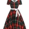 Red 1950s Plaid Bow Swing Dress -BUNBUN Fancy Clothing Shop 9515 1