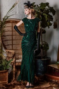 [US Warehouse] Green 1920s Sequin Art Deco Maxi Dress