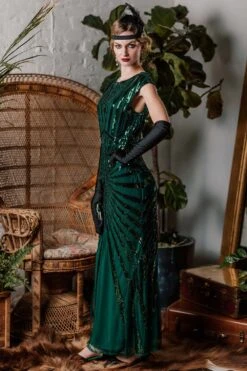 Green 1920s Sequin Art Deco Maxi Dress -BUNBUN Fancy Clothing Shop ALEX6327