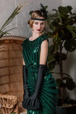 Green 1920s Sequin Art Deco Maxi Dress -BUNBUN Fancy Clothing Shop ALEX6346