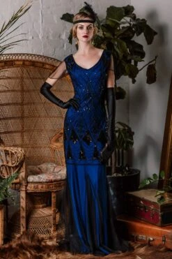 [US Warehouse] Blue 1920s Sequined Maxi Flapper Dress -BUNBUN Fancy Clothing Shop ALEX6383