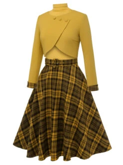 2PCS Yellow 1950s Short Coat & Plaid Dress -BUNBUN Fancy Clothing Shop CBH180812 3