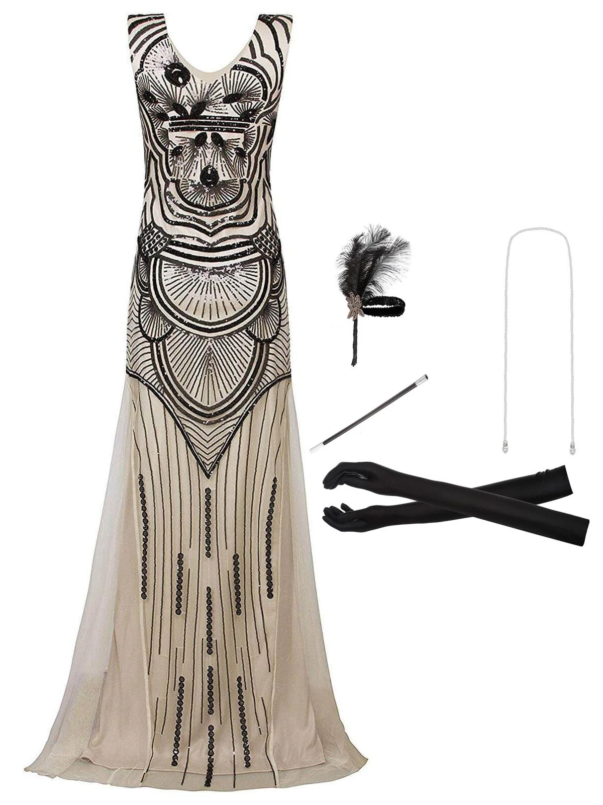 2PCS Sequin Maxi 1920s Dress & Accessories Set 3 2PCS Sequin Maxi 1920s Dress & Accessories Set