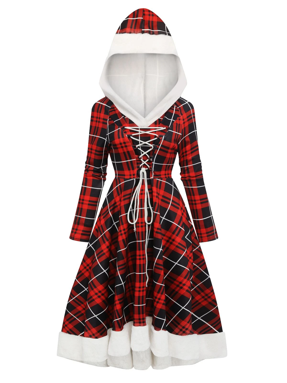 Red 1950s Plaid Lace-up Hooded Dress 4 Red 1950s Plaid Lace-up Hooded Dress - Image 2