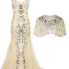 2PCS Apricot 1920s Sequin Maxi Dress & Beige Cape -BUNBUN Fancy Clothing Shop SCH000307 AP11 1