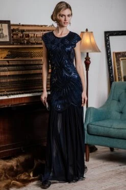 [US Warehouse] Blue 1920s Embroidery Sequin Maxi Dress