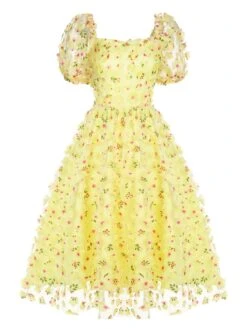 Yellow 3D Floral Puff Sleeves Swing Dress -BUNBUN Fancy Clothing Shop SCH000538 1