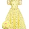 Yellow 3D Floral Puff Sleeves Swing Dress