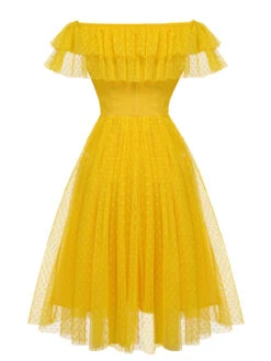 Yellow 1950s Dots Off-Shoulder Mesh Swing Dress -BUNBUN Fancy Clothing Shop SCH000554 3
