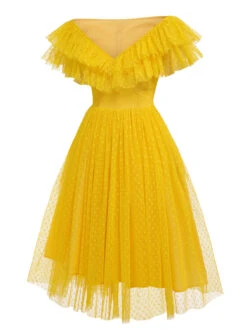 Yellow 1950s Dots Off-Shoulder Mesh Swing Dress -BUNBUN Fancy Clothing Shop SCH000554 4