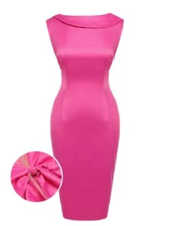 Rose Red 1960s Satin Solid Pencil Dress -BUNBUN Fancy Clothing Shop SCH000555