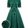 Dark Green 1940s Solid Belt V-Neck Dress 2 Dark Green 1940s Solid Belt V-Neck Dress -BUNBUN Fancy Clothing Shop SCH000612 01 compressed