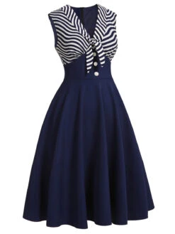 Navy Blue 1950s Striped Patchwork Dress -BUNBUN Fancy Clothing Shop SCH000659 2