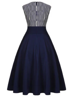 Navy Blue 1950s Striped Patchwork Dress -BUNBUN Fancy Clothing Shop SCH000659 3