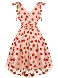 Pink 1950s Strawberry Mesh Swing Dress -BUNBUN Fancy Clothing Shop SCH000702 2