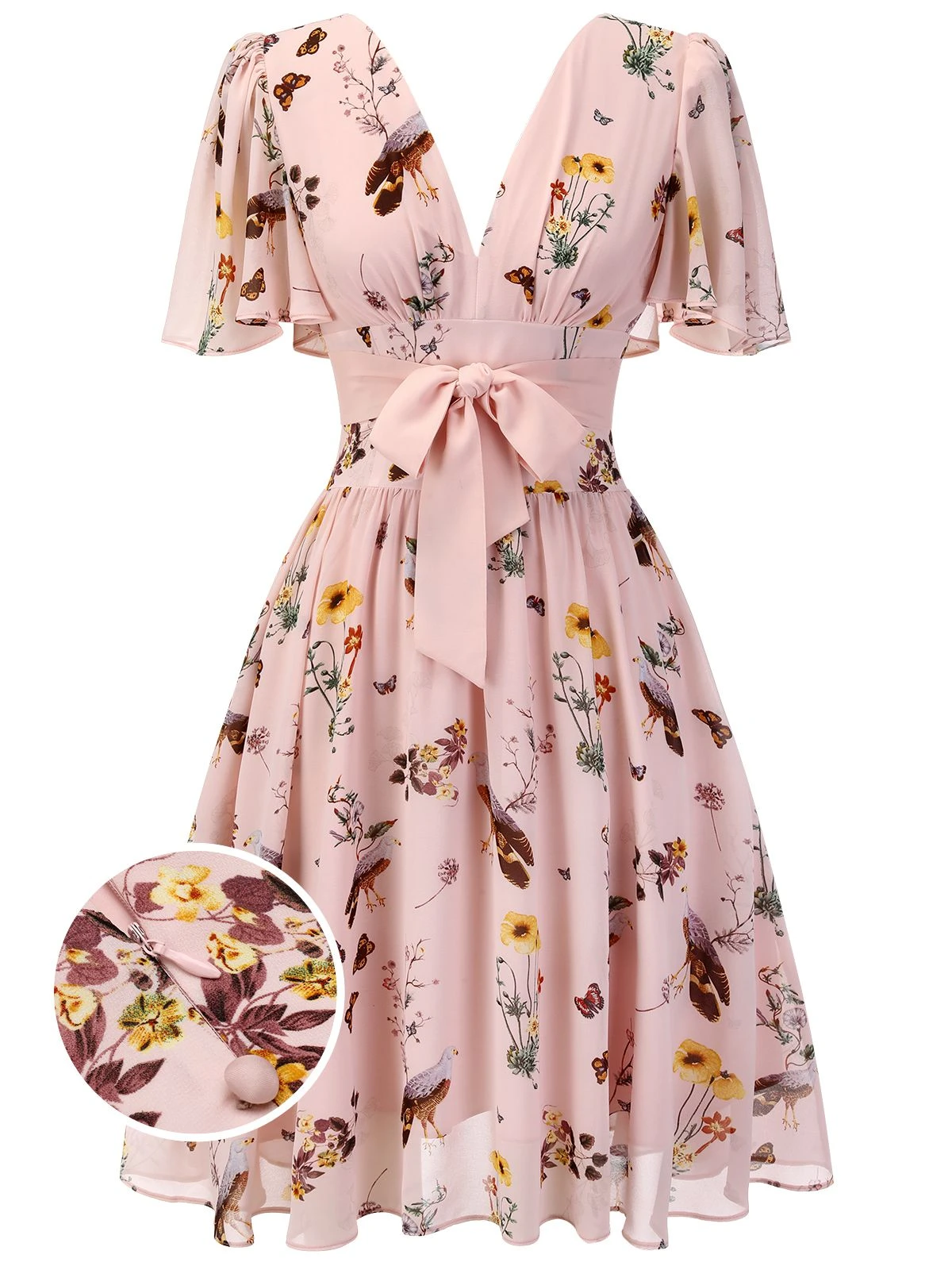 Pink Flowers And Birds Bowknot V-Neck Dress 3 Pink Flowers And Birds Bowknot V-Neck Dress