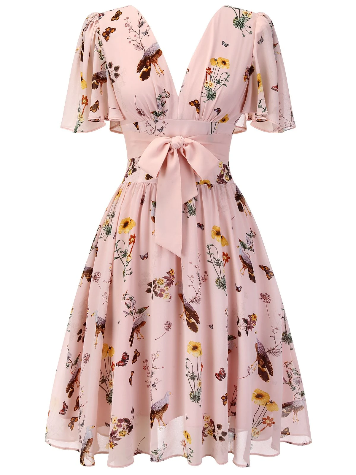 Pink Flowers And Birds Bowknot V-Neck Dress 4 Pink Flowers And Birds Bowknot V-Neck Dress - Image 2
