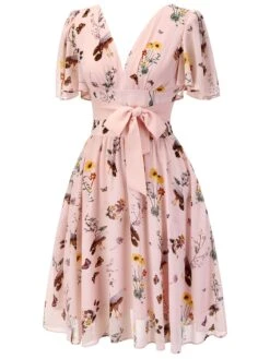 Pink Flowers And Birds Bowknot V-Neck Dress 11 Pink Flowers And Birds Bowknot V-Neck Dress -BUNBUN Fancy Clothing Shop SCH000725 2