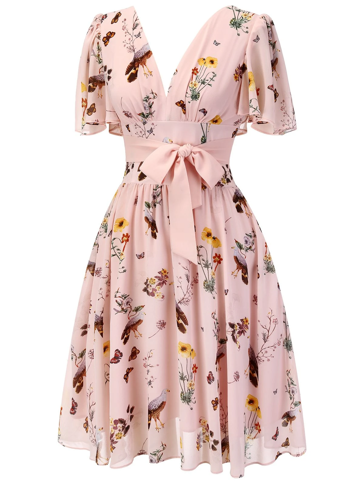 Pink Flowers And Birds Bowknot V-Neck Dress 5 Pink Flowers And Birds Bowknot V-Neck Dress - Image 3