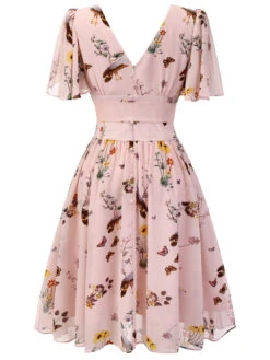 Pink Flowers And Birds Bowknot V-Neck Dress 12 Pink Flowers And Birds Bowknot V-Neck Dress -BUNBUN Fancy Clothing Shop SCH000725 3