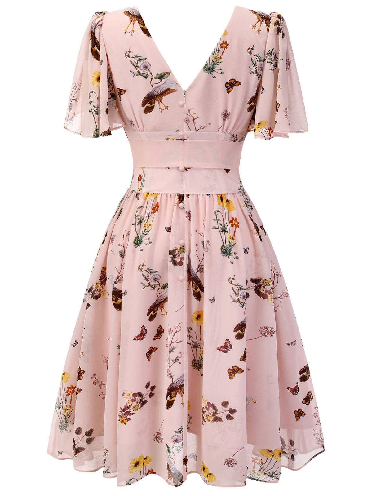 Pink Flowers And Birds Bowknot V-Neck Dress 6 Pink Flowers And Birds Bowknot V-Neck Dress - Image 4