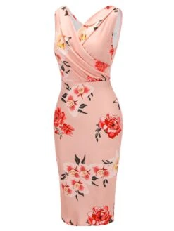 Pink 1950s V-neck Wrap Floral Pencil Dress -BUNBUN Fancy Clothing Shop SCH000731 2