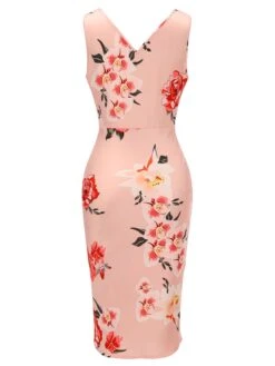 Pink 1950s V-neck Wrap Floral Pencil Dress -BUNBUN Fancy Clothing Shop SCH000731 3