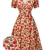 Red 1940s Rose V-Neck Swing Dress