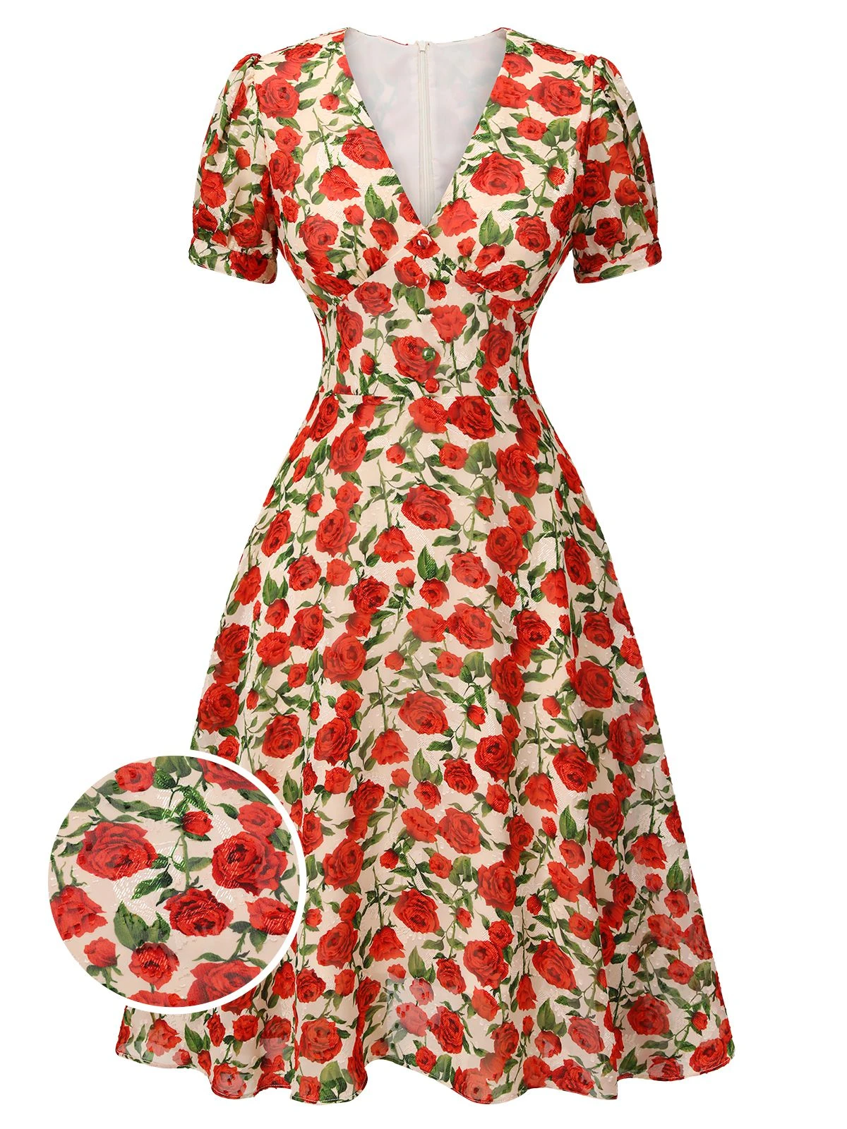 Red 1940s Rose V-Neck Swing Dress 3 Red 1940s Rose V-Neck Swing Dress