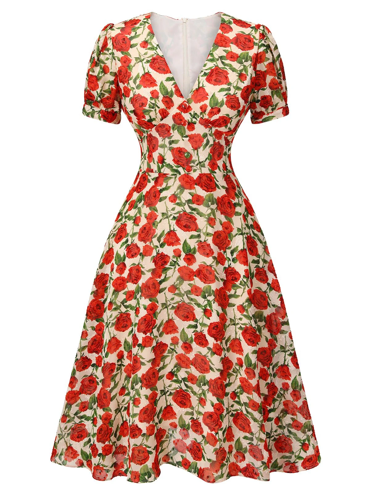 Red 1940s Rose V-Neck Swing Dress 4 Red 1940s Rose V-Neck Swing Dress - Image 2