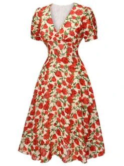 Red 1940s Rose V-Neck Swing Dress 11 Red 1940s Rose V-Neck Swing Dress -BUNBUN Fancy Clothing Shop SCH000861 2