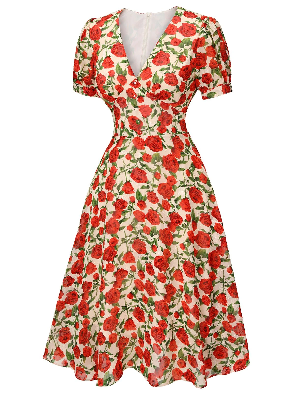 Red 1940s Rose V-Neck Swing Dress 5 Red 1940s Rose V-Neck Swing Dress - Image 3