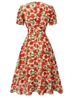 Red 1940s Rose V-Neck Swing Dress 12 Red 1940s Rose V-Neck Swing Dress -BUNBUN Fancy Clothing Shop SCH000861 3