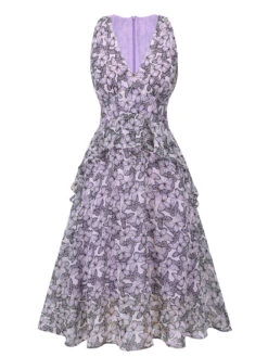 Purple 1930s Butterfly V-Neck Sleeveless Dress -BUNBUN Fancy Clothing Shop SCH001058 1